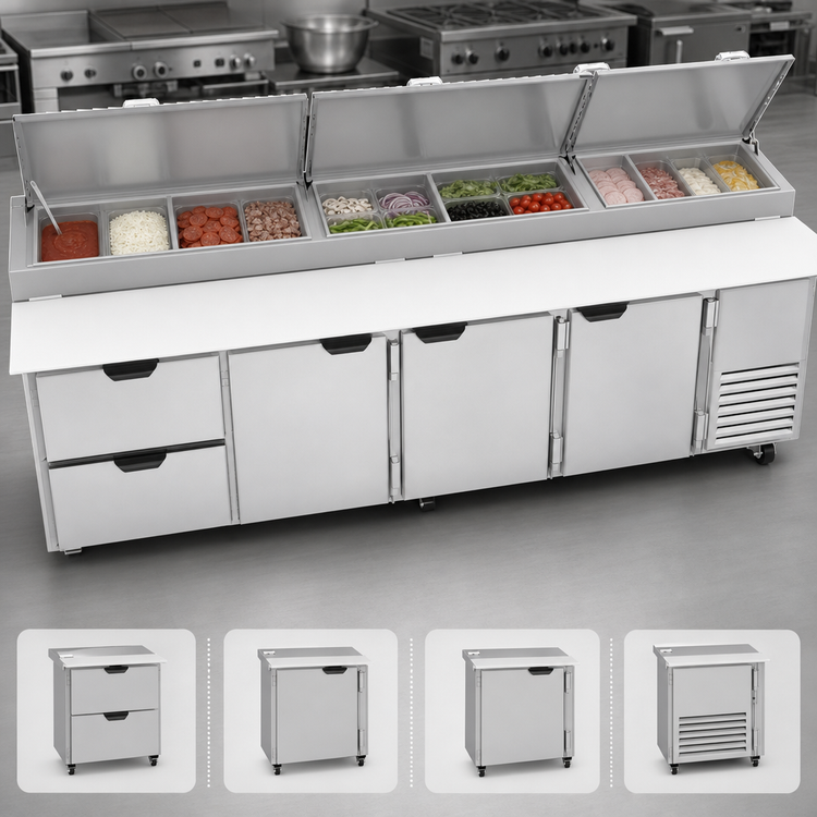 Product image #3 for Beverage-Air Four-Section Pizza Top Refrigerated Counter with Drawers and Doors, 119-Inch Wide