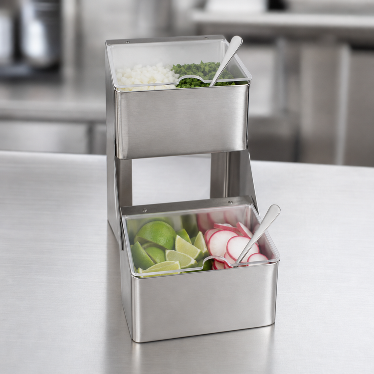 Product image #3 for San Jamar 2-Tier Stepped Condiment Center with Individual Notched Lids, 2 x 1 Quart Inserts, Stainless Steel