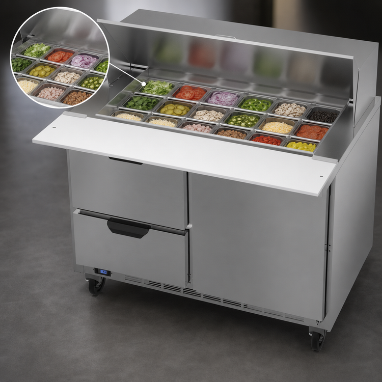 Product image #4 for Beverage Air 48-Inch Mega Top Sandwich Prep Table with 18-Pan Top, 2 Drawers, and 1 Door
