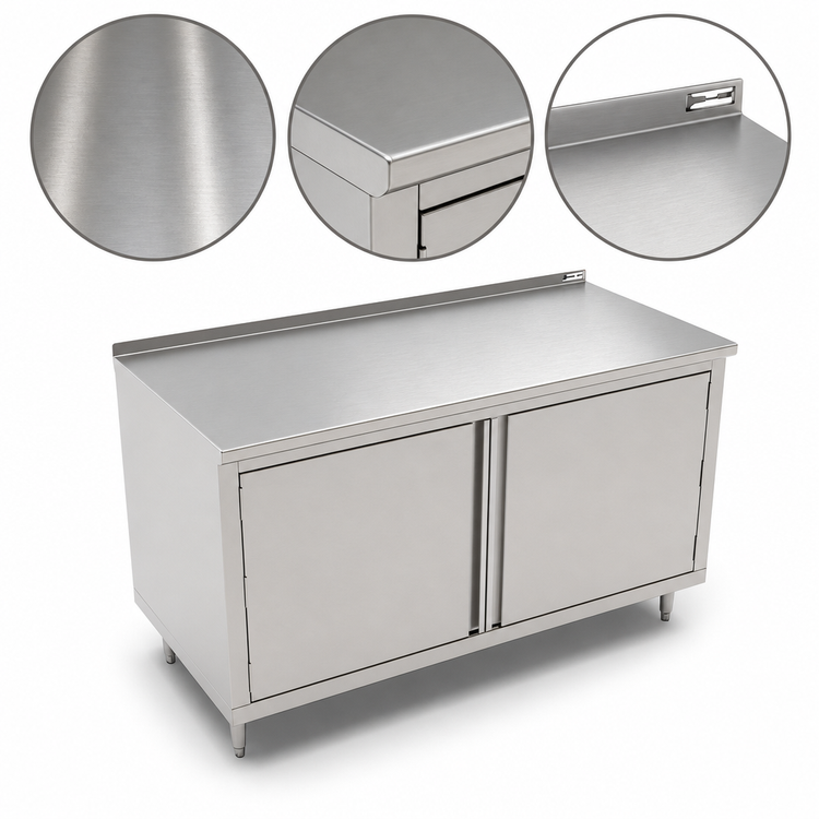 Product image #3 for John Boos Enclosed Cabinet Base Work Table with Hinged Double Doors, 72 x 30 Inches, 14-Gauge 300 Series Stainless Steel Top, 1-1/2 Inch Rear Upturn