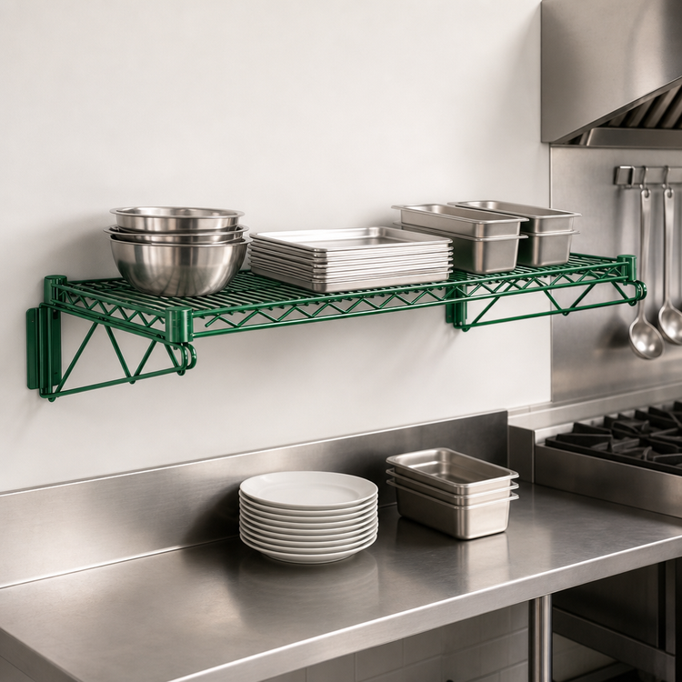 Product image #3 for Quantum Wall-Mount Cantilever Wire Shelf, 54 x 21 Inches, Green Epoxy Antimicrobial Finish