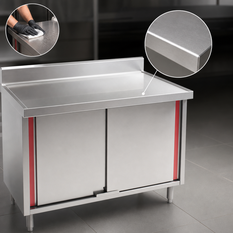 Product image #3 for Eagle Group Spec-Master Marine Series Cabinet Base Work Table with Hinged Doors, 36 x 24 Inches, 14-Gauge 304 Stainless Steel Top, 4-1/2-Inch Backsplash