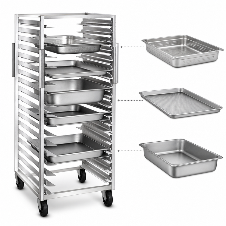 Product image #3 for Dinex Universal Wide Angle Guide Mobile Tray Rack, Full Height, Open Sided, 18 Full-Size Pan Capacity