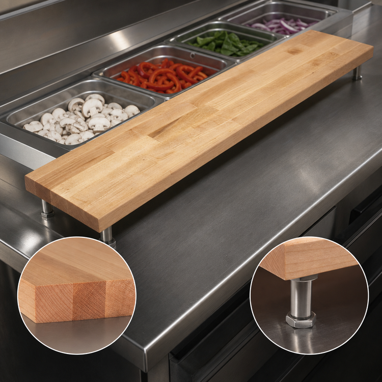 Product image #3 for John Boos 96 x 8 x 1-1/4 Inch Edge Grain Northern Hard Rock Maple Steam Table Cutting Board with Adjustable Stainless Steel Supports