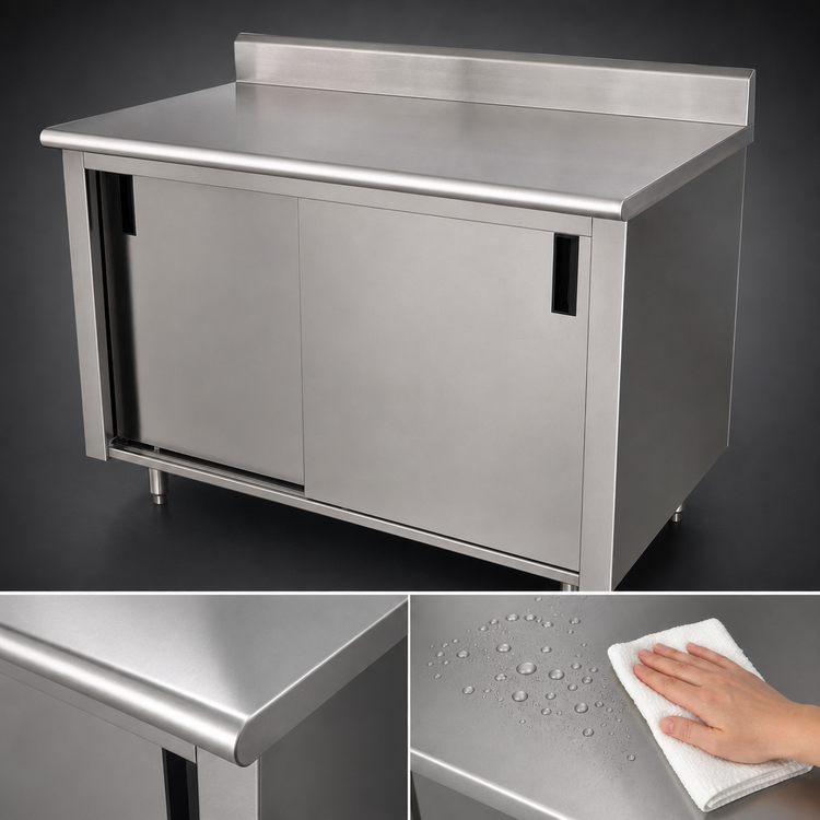 Product image #3 for Advance Tabco Special Value Series Enclosed Work Table with Cabinet Base, Mid-Shelf, Sliding Doors, and 16 Gauge 304 Stainless Steel Top, 84 x 24 Inches
