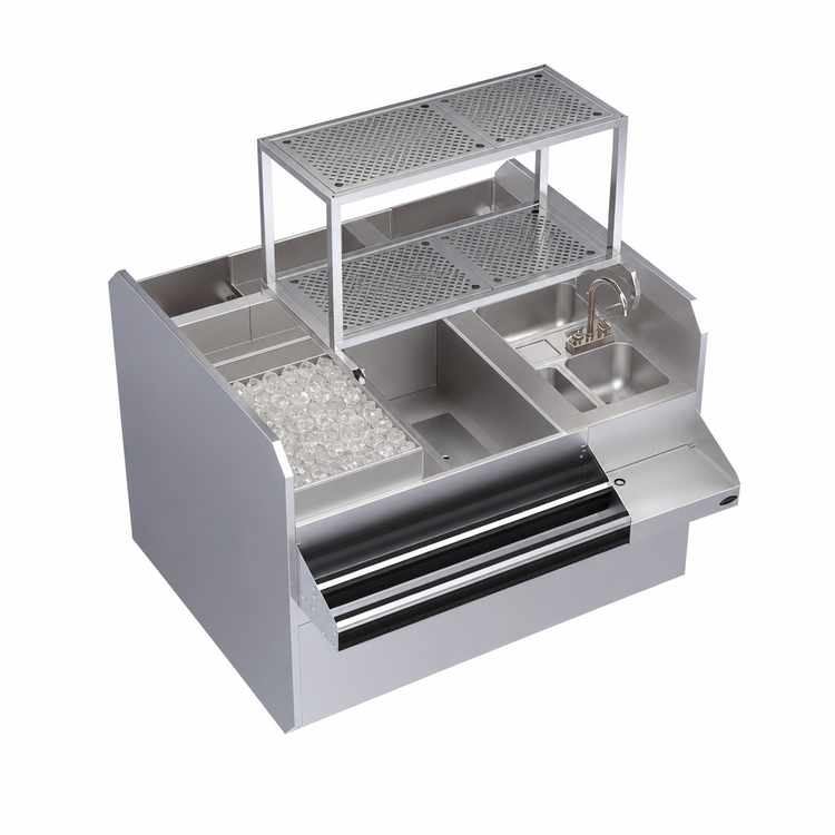 Product image #4 for Krowne Royal Series 36-Inch Pass-Thru Underbar Ice Bin/Cocktail Station with Left Ice Bin, 10-Circuit Cold Plate, Double Speed Rail, and Dual Dump Sinks