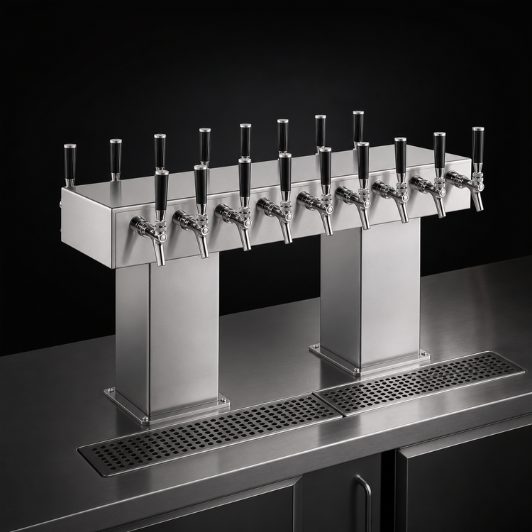 Product image #3 for Perlick Extra-High Back-to-Back Bridge Tee Countertop Glycol-Cooled Draft Beer Tower, 20 Faucets, Stainless Steel