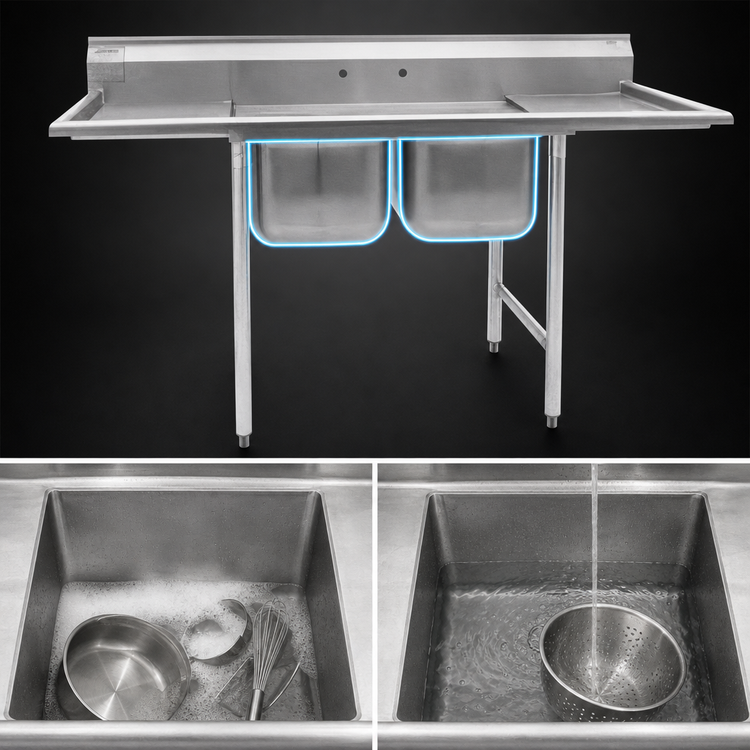 Product image #3 for Eagle Group 314 Series 2-Compartment Stainless Steel Sink with Left & Right Drainboards, 76 Inch Wide
