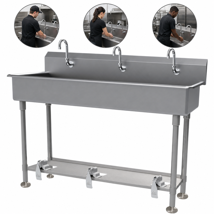 Product image #3 for Advance Tabco 60-Inch 3-Station Freestanding Multiwash Hand Sink with Toe-Push Valves and Gooseneck Spouts