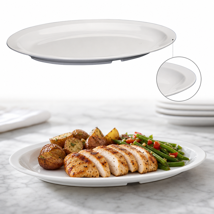 Product image #4 for Winco 13-1/8" x 9-1/2" White Oval Narrow Rim Melamine Platter