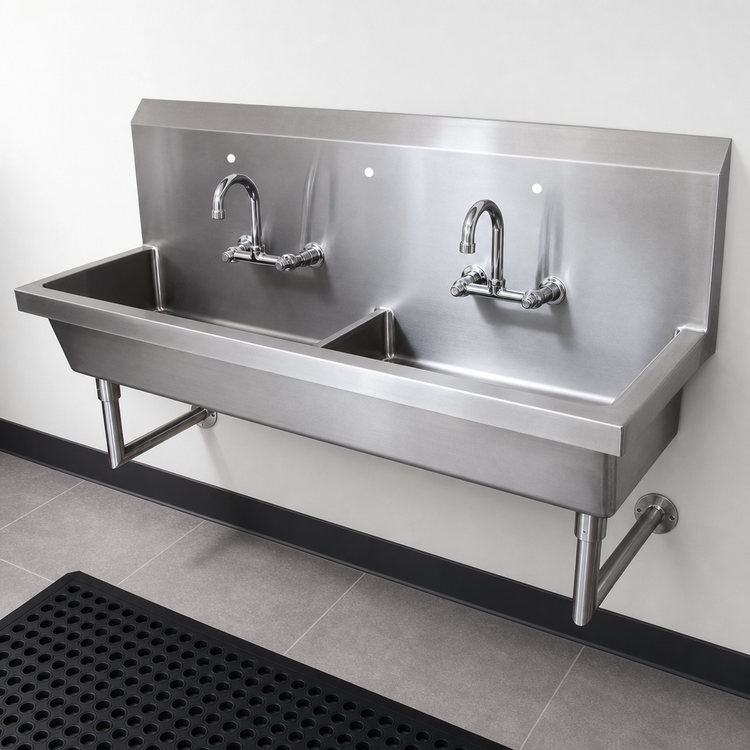 Product image #3 for BK Resources Two-Station Wall-Mounted Hand Wash Sink with 8-Inch Deep Bowl, 48 Inches Wide, 304 Stainless Steel