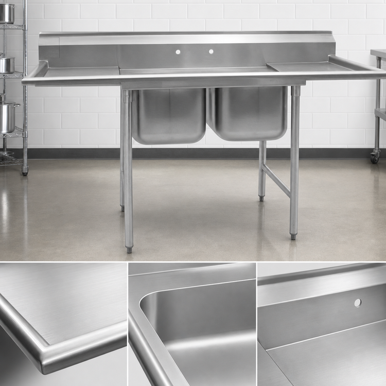 Product image #3 for Eagle Group 314 Series 2-Compartment Stainless Steel Sink with Left and Right Drainboards, 84-1/4 Inch Wide