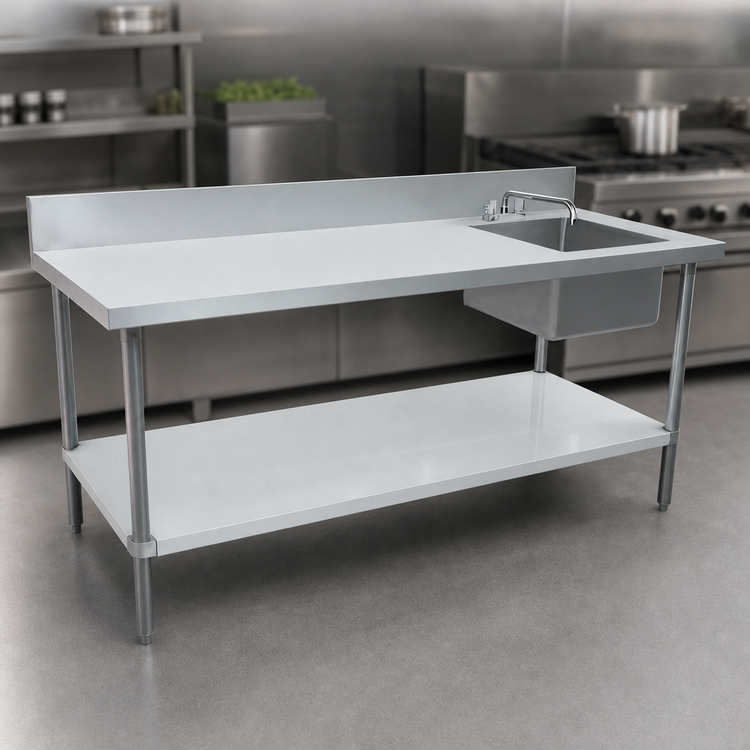 Product image #3 for Omcan 72 x 30-Inch Stainless Steel Work Table with Right Prep Sink and 6-Inch Backsplash