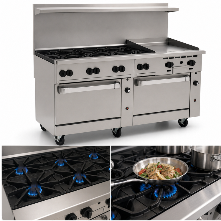 Product image #3 for Vulcan Endurance 72-Inch Commercial Gas Restaurant Range with 8 Open Burners, 24-Inch Thermostatic Griddle, and 2 Convection Ovens