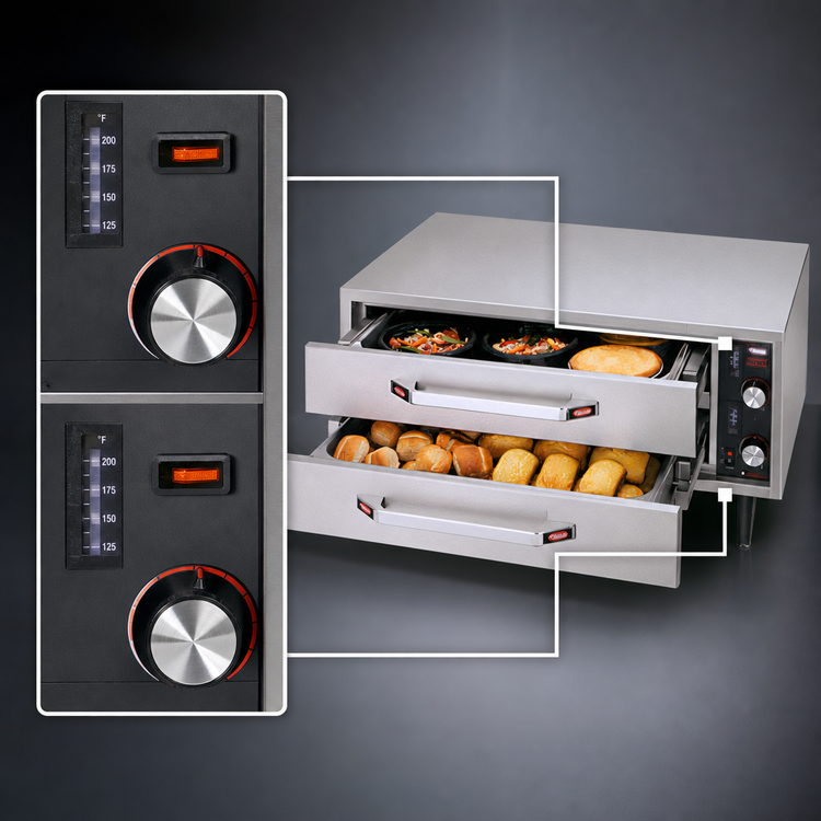 Product image #3 for Hatco HDW-1R2 Freestanding Stainless Steel Split Drawer Food Warmer, 2 Drawers, Thermostatic Controls
