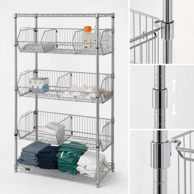Product image #3 for Quantum Stationary Chrome Plated Wire Basket Unit with 3 Adjustable Baskets, 36W x 18D x 63H