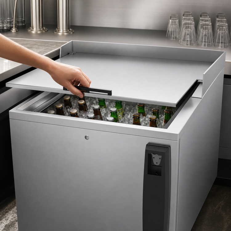 Product image #3 for Beverage-Air 34-Inch Flat Top Shallow Well Bottle Cooler with Sliding Lid, 6.7 Cu. Ft., Stainless Steel Exterior