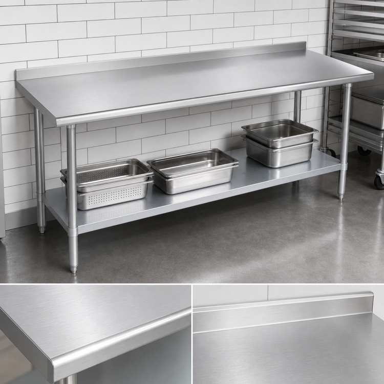 Product image #3 for Duke 84-Inch x 36-Inch 16-Gauge 400 Series Stainless Steel Work Table with 1-1/8-Inch Straight Riser and Galvanized Undershelf