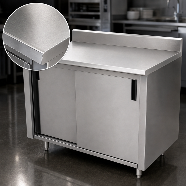 Product image #3 for Advance Tabco 96 Inch x 36 Inch Enclosed Stainless Steel Work Table with Cabinet Base, Sliding Doors, 14 Gauge 304 Stainless Steel Top, and 5 Inch Backsplash