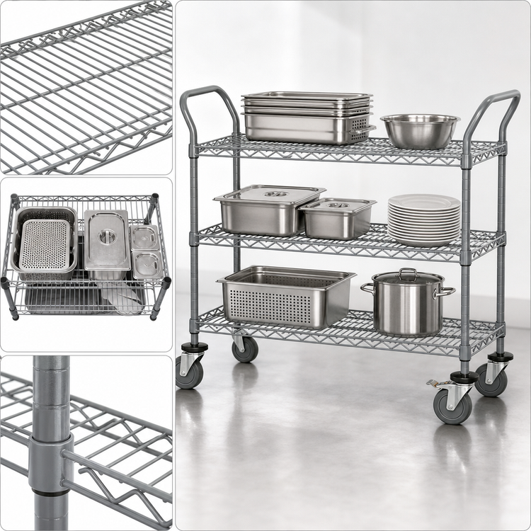 Product image #3 for Quantum 3-Shelf Wire Utility Cart, 48 x 24 x 37-1/2 Inch, 1,200 lb Capacity, Gray Epoxy Antimicrobial Finish