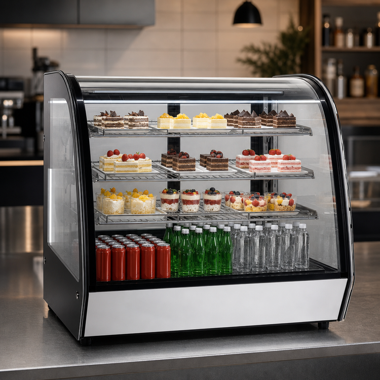 Product image #3 for Omcan Countertop Curved Glass Refrigerated Display Case, 60 Inch, 9.78 Cu. Ft., 3-Shelf, Bottom-Mounted Self-Contained