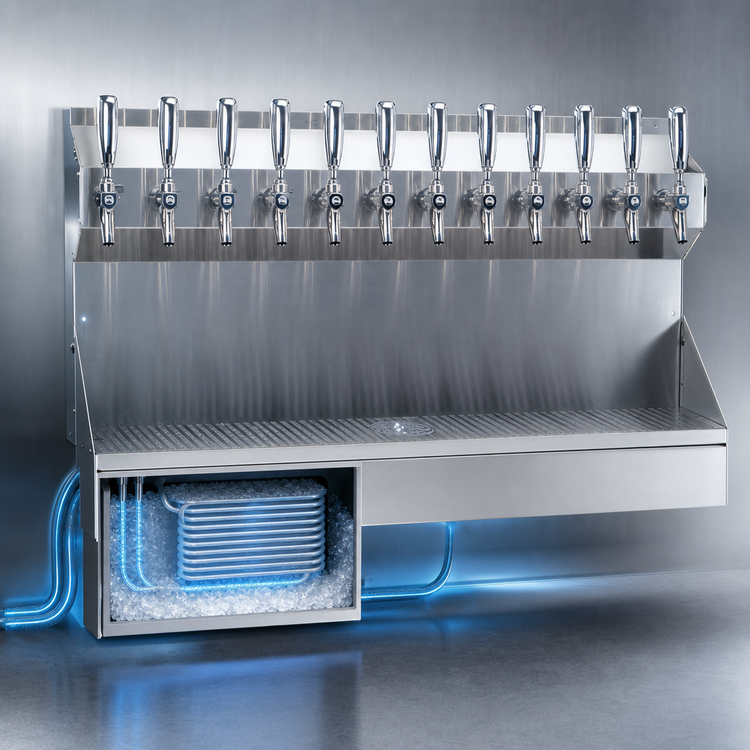 Product image #3 for Kronos 12-Faucet Wall-Mount Glycol-Cooled Draft Tower with Integrated Drip Tray and Glass Rinser