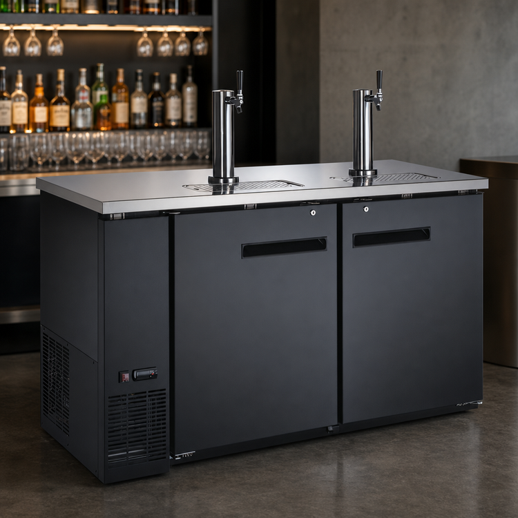 Product image #3 for Omcan 61-Inch Wide Two-Section Draft Beer Cooler/Kegerator with 2 Dispensers and 3 Half-Barrel Keg Capacity