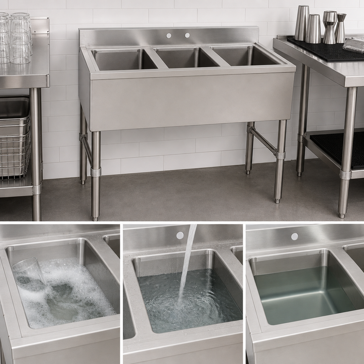 Product image #3 for Klinger's Trading Three-Compartment Underbar Sink with 3-Inch Backsplash, 304 Stainless Steel, 38-1/2 Inch W x 18-3/4 Inch D x 33 Inch H