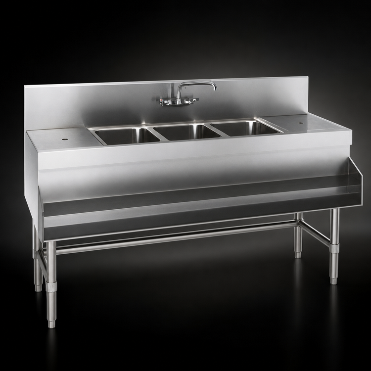 Product image #3 for Spec-Bar 3-Compartment Underbar Sink Unit with Left Drainboard, 60 Inch x 19 Inch, 304 Stainless Steel