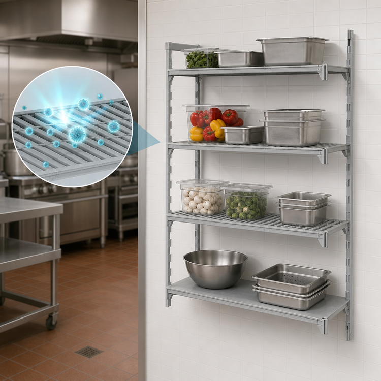 Product image #4 for Cambro Camshelving® Premium Add-On Unit — 18 in Deep x 42 in Long x 72 in High, 4-Shelf (3 Vented + 1 Solid), Speckled Gray