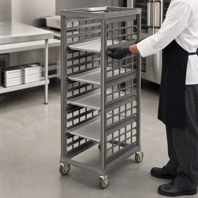 Product image #4 for Cambro Camshelving Ultimate End-Load Full-Size Mobile Sheet Pan Rack, 3-Inch Rail Spacing, Factory Assembled, Metal Casters, Brushed Graphite