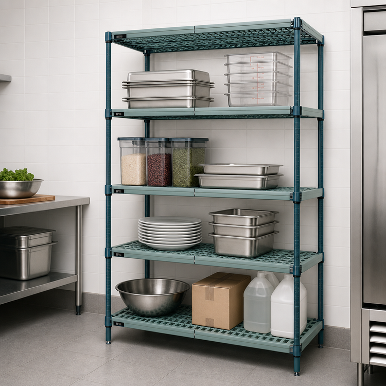 Product image #3 for Quantum Stationary 4-Tier Wire Plastic Mat Shelving Unit, 72W x 18D x 74H, Green Epoxy Antimicrobial