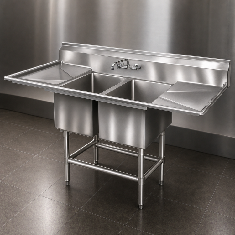Product image #3 for Eagle Spec-Master FN2032-2-24R-14/3 Coved Corner Two-Compartment Stainless Steel Sink with 24-Inch Right Drainboard