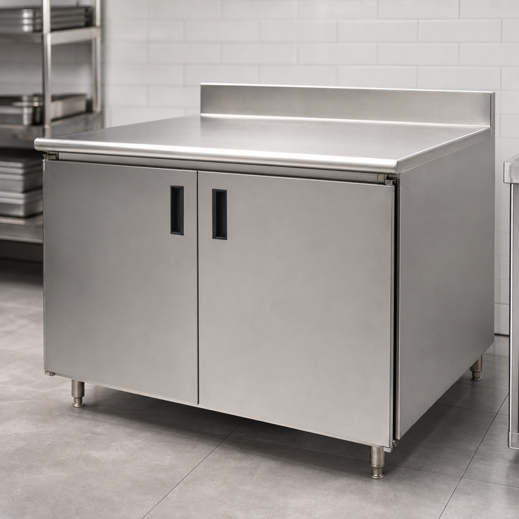 Product image #3 for Advance Tabco 108-Inch x 30-Inch Enclosed Stainless Steel Work Table with Hinged Doors and 5-Inch Backsplash