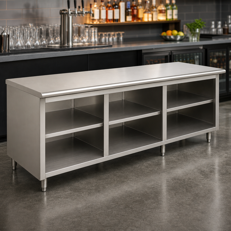 Product image #3 for Advance Tabco Stainless Steel Flat-Top Underbar Work Table with Open Front Cabinet Base and Mid-Shelf, 144"W x 30"D