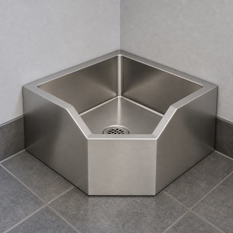 Product image #3 for Eagle Group Corner Floor-Mounted 304 Stainless Steel Mop Sink with Drop Edge, Full Skirt, and 24 x 24 x 8-Inch Bowl