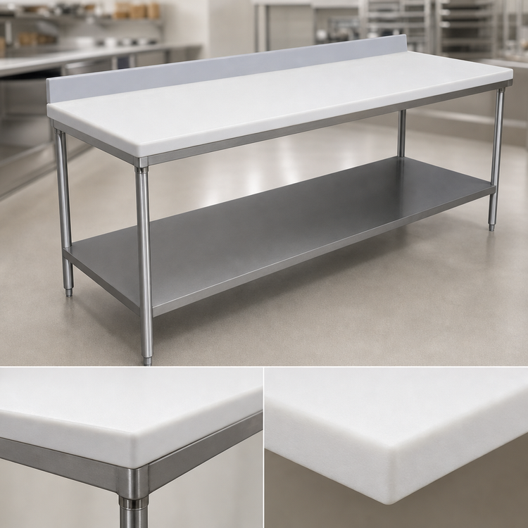 Product image #3 for Advance Tabco Poly-Vance 96-Inch x 24-Inch Poly-Top Work Table with 6-Inch Backsplash and Undershelf