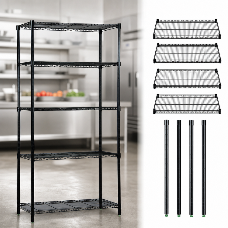 Product image #3 for Quantum 72 x 21 x 54 Inch Stationary Wire Shelving Starter Kit with 5 Shelves, Black Antimicrobial Epoxy Finish
