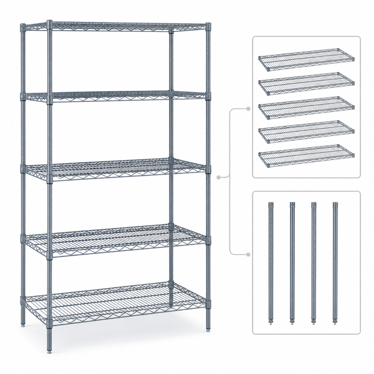 Product image #4 for Quantum Stationary Wire Shelving Starter Kit, 36 Inch W x 18 Inch D x 86 Inch H, 5 Shelves, Gray Epoxy Finish