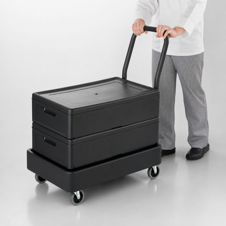 Product image #4 for Carlisle Cateraide Polyethylene Pan Carrier Dolly with Push Handle, Black, Holds 2 XT3000R Stacked
