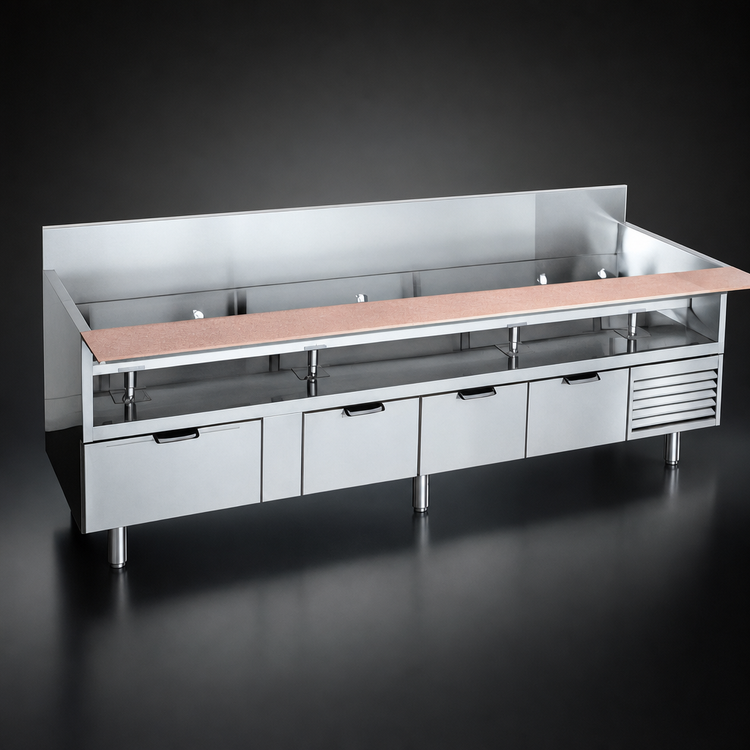 Product image #3 for La Rosa Refrigeration Four-Section Refrigerated Equipment Stand with 4 Drawers, 102-Inch x 26.5-Inch, Stainless Steel, Self-Contained Side-Mounted Refrigeration