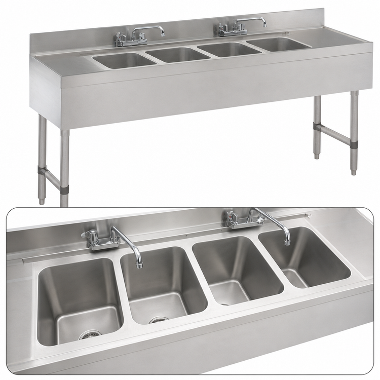 Product image #3 for Advance Tabco Special Value Series 72" Wide Stainless Steel 4-Compartment Underbar Sink Unit with Deck Mount Faucets and Dual Drainboards