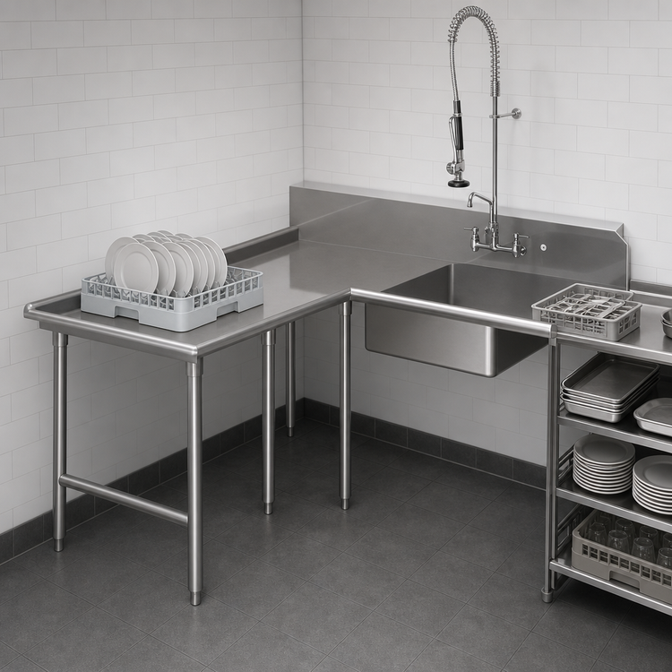 Product image #3 for John Boos Pro-Bowl L-Shaped Island Soiled Dishtable with 20 x 20 x 8 Pre-Rinse Sink Bowl, Left-to-Right, 60 x 96 Inch