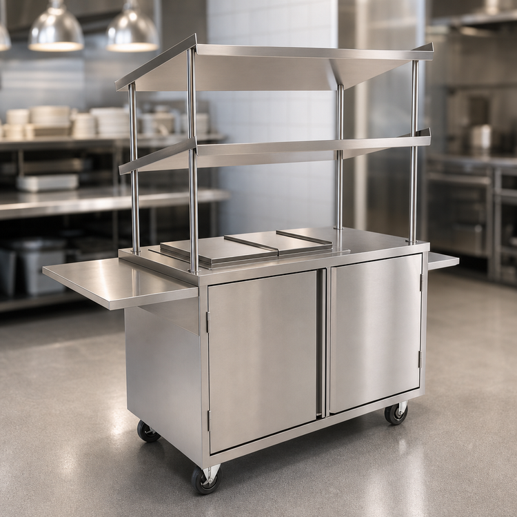 Product image #3 for BK Resources 30" x 48" Stainless Steel Serving Cart with Cabinet Base, Locking Doors, and 2 Slanted Overshelves