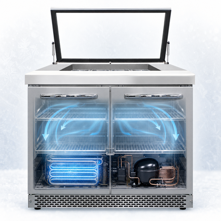Product image #3 for Continental Refrigerator Mighty Top SW36N12M-HGL-FB 36" Two-Section Sandwich Prep Refrigerator with Hinged Glass Lid
