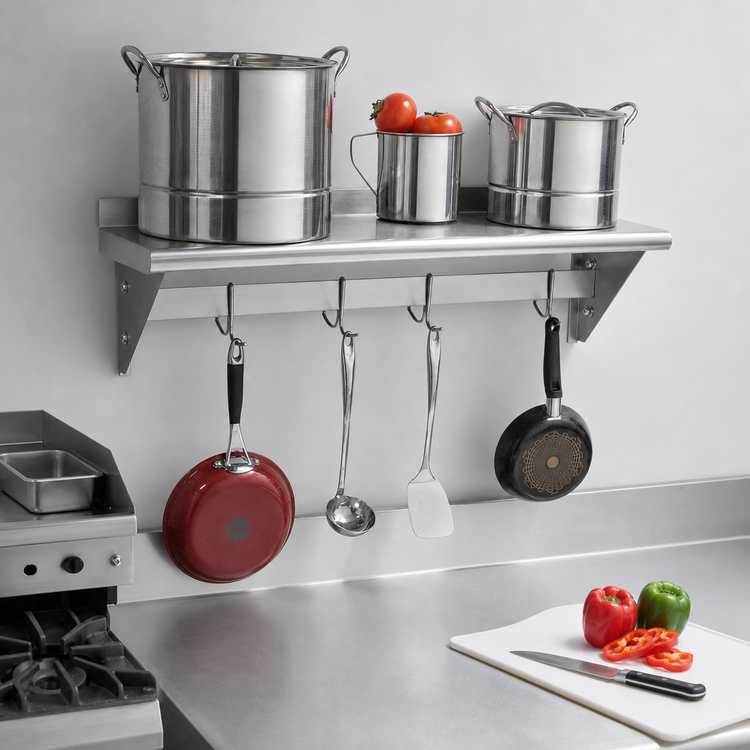 Product image #3 for Advance Tabco Wall-Mounted Stainless Steel Shelf with Pot Rack, 60"W x 15"D