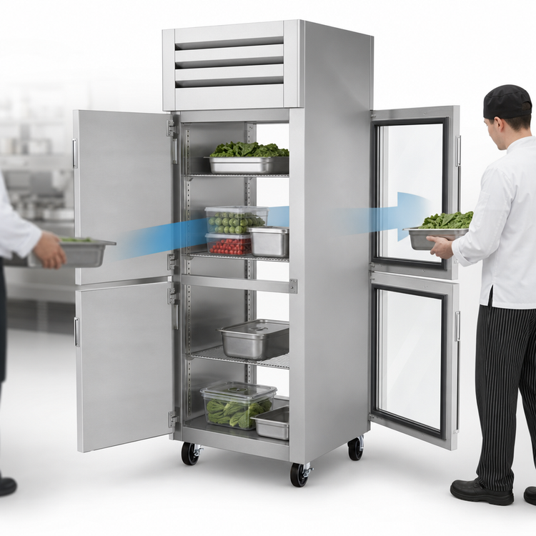 Product image #3 for True SPEC SERIES Pass-Thru One-Section Reach-In Refrigerator with 2 Solid Stainless Steel Front Half Doors and 2 Glass Rear Half Doors