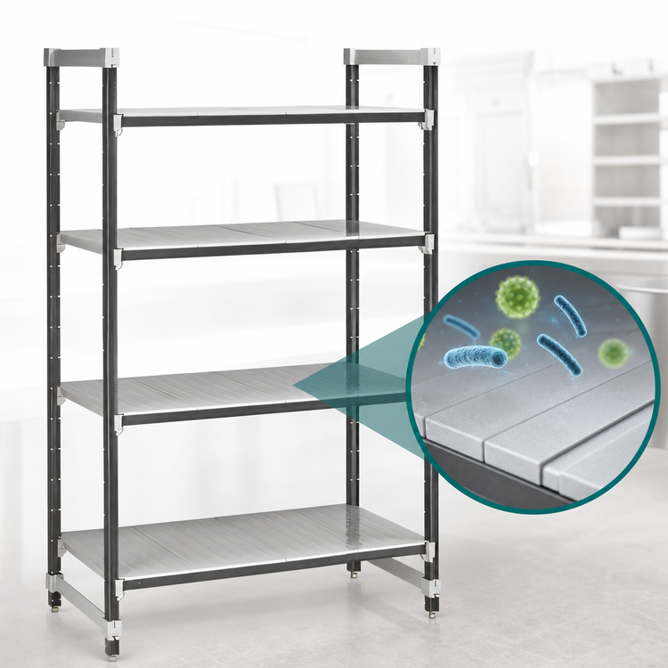 Product image #3 for Cambro Camshelving Elements XTRA 4-Tier Solid Stationary Starter Unit, 21 x 42 x 84 Inches, Speckled Gray