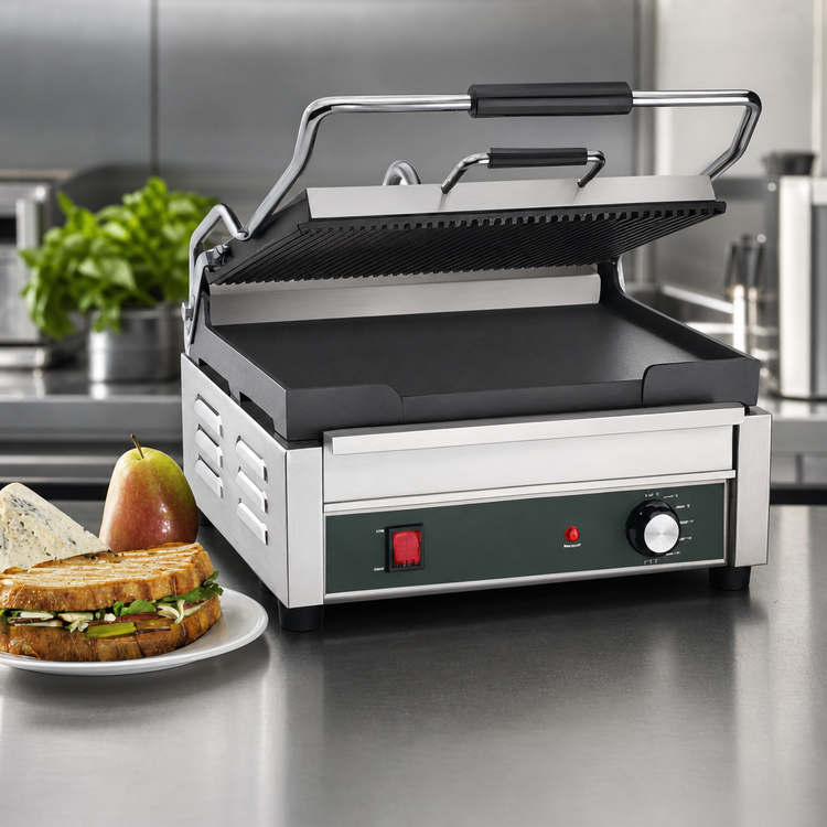 Product image #3 for Waring WDG250 Commercial Dual-Surface Electric Countertop Panini Grill with Ribbed Top and Flat Bottom Cast Iron Plates