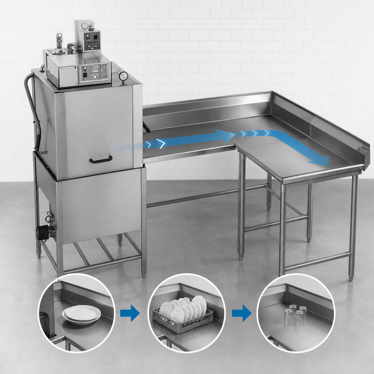 Product image #3 for Eagle Spec-Master Corner Clean Dishtable, Right-Hand, 48 Inch Machine-to-Corner x 60 Inch Corner-to-End, 14 Gauge Type 304 Stainless Steel